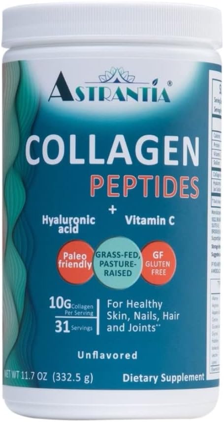 ASTRANTIA Collageen Peptides Powder, Grass-gevoed Unflavored Collageen met Hyaluronic Acid en Vitamine C voor gezonde nagels, huid, haar en gewrichten 