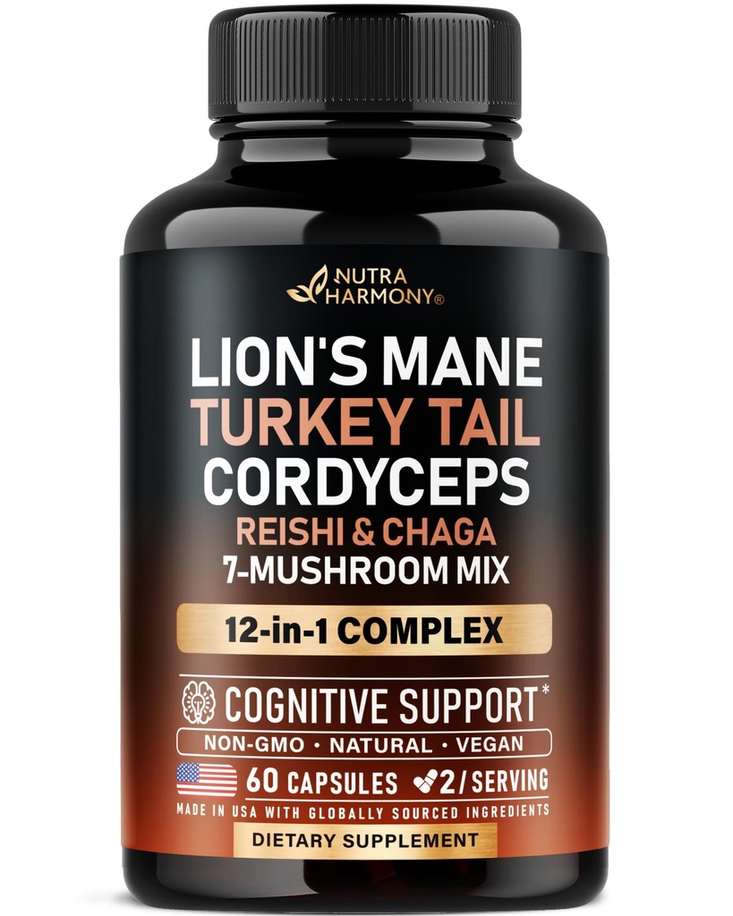 Mushroom Supplement - Organic Lions Mane | Turkey Tail | Chaga | Cordyceps | Reishi | Maitake | Shiitake | Meshima | Tremella | Oyster | Agaricus - Made in USA - Non GMO, Gluten Free - 60 Capsules