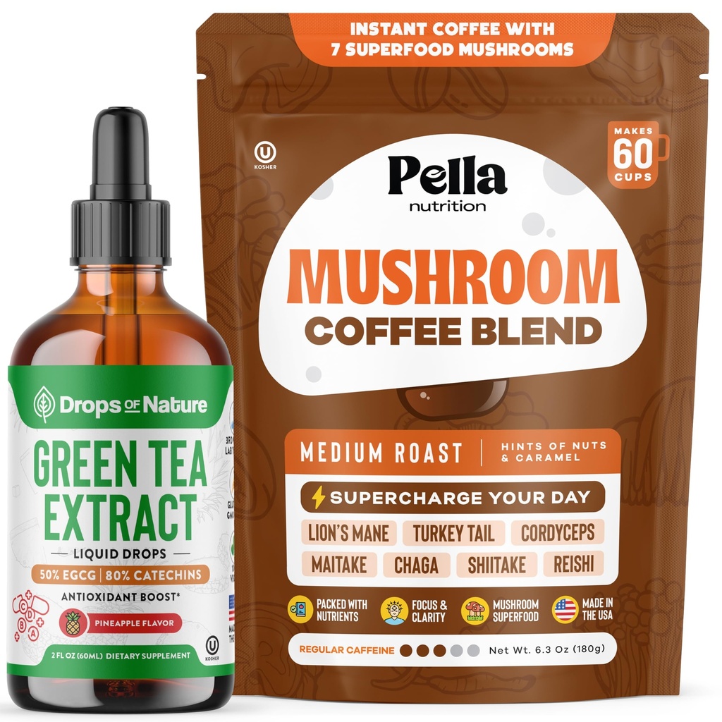 Pella Nutrition Mushroom Coffee with Lion's Mane (Regular Caffeine, 60 Cups) & Drops Of Nature Green Tea Extract Liquid Drops (Pineapple, 60mL) – Vegan, Non-GMO – Antioxidant-Rich, Daily Focus Support