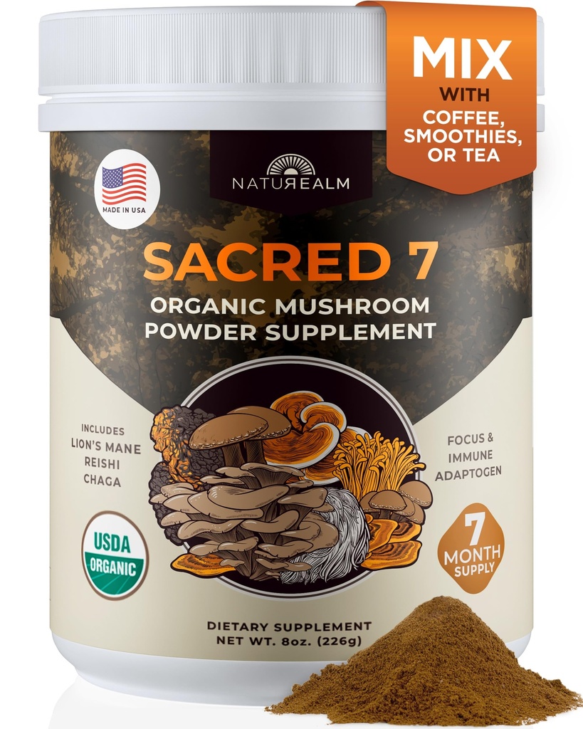 Naturealm Sacred 7 Organic Mushroom Powder Supplement | 7-Month Supply | 7-in-1 Blend with Lions Mane, Reishi, Chaga | Brain & Immune Support | 100% Fruiting Bodies for Coffee & Smoothies