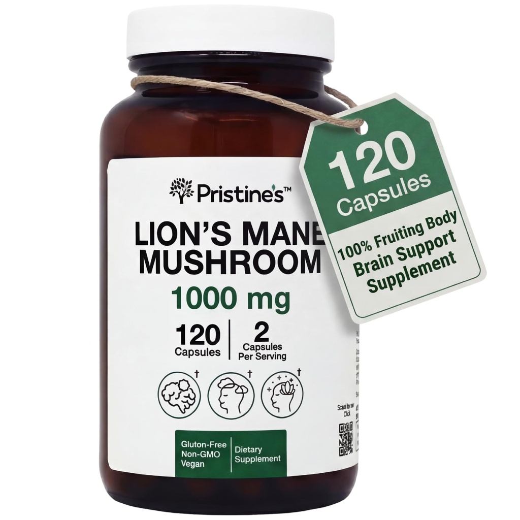 PRISTINE'S Lion's Mane Mushroom Supplement Capsules - Focus & Cognitive Function Adaptogen - 1000mg 60 Day Supply - Immunity, Memory and Focus for Adults - Vegan - Non-GMO Glass Bottle
