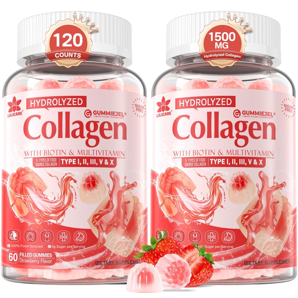 2Pack Sugar-Free Gehydrolyseerde Collageen Peptide Gevulde Gummies voor vrouwen en mannen, met 1500mg Proteïne Type I,II,III,V,X, 5000mcg Biotine Vitamine C A E D3 B6 B12 voor Immuun Digestie Huid Haar Nagels, Bone
