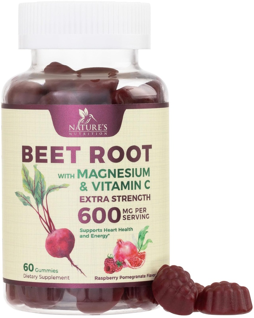 Beetwortelsupplement Gummies - 500mg per portie met bietenextract poeder vitamine C & Magnesium - Ondersteunt energie hartgezondheid en stikstofoxide productie - rode bietensupplementen Gummy - 60 Gummies