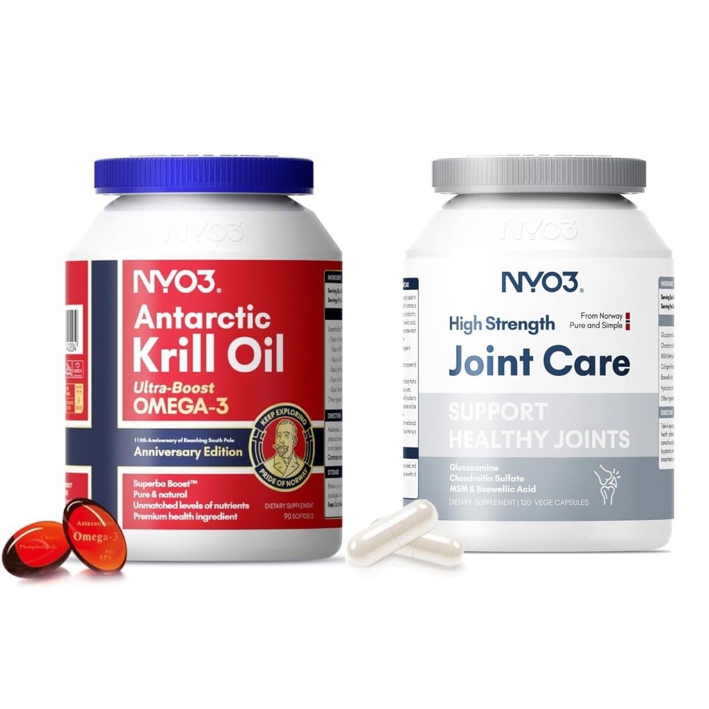 NYO3 1000mg Krill Oil Omega 3 and Glucosamine 1500mg with Chondroitin MSM, 2Pack