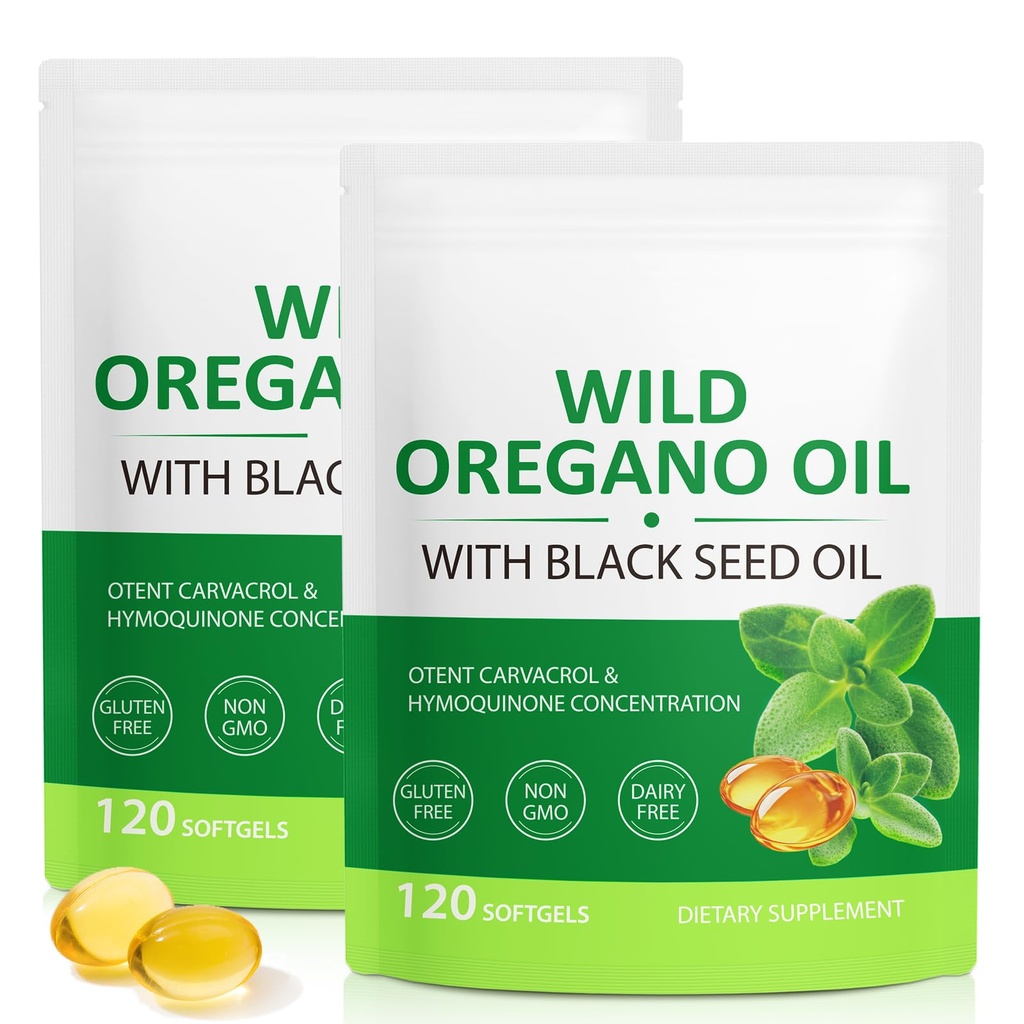 Olie van Oregano Softgels 6000mg, 2 in 1 Geformuleerd met Black Seed Oil 200mg, Immune Support, Oregano Oil Capsules Organic, Natural Defense Supplement, Non-GMO, Gemakkelijk te slikken, 240 Softgels