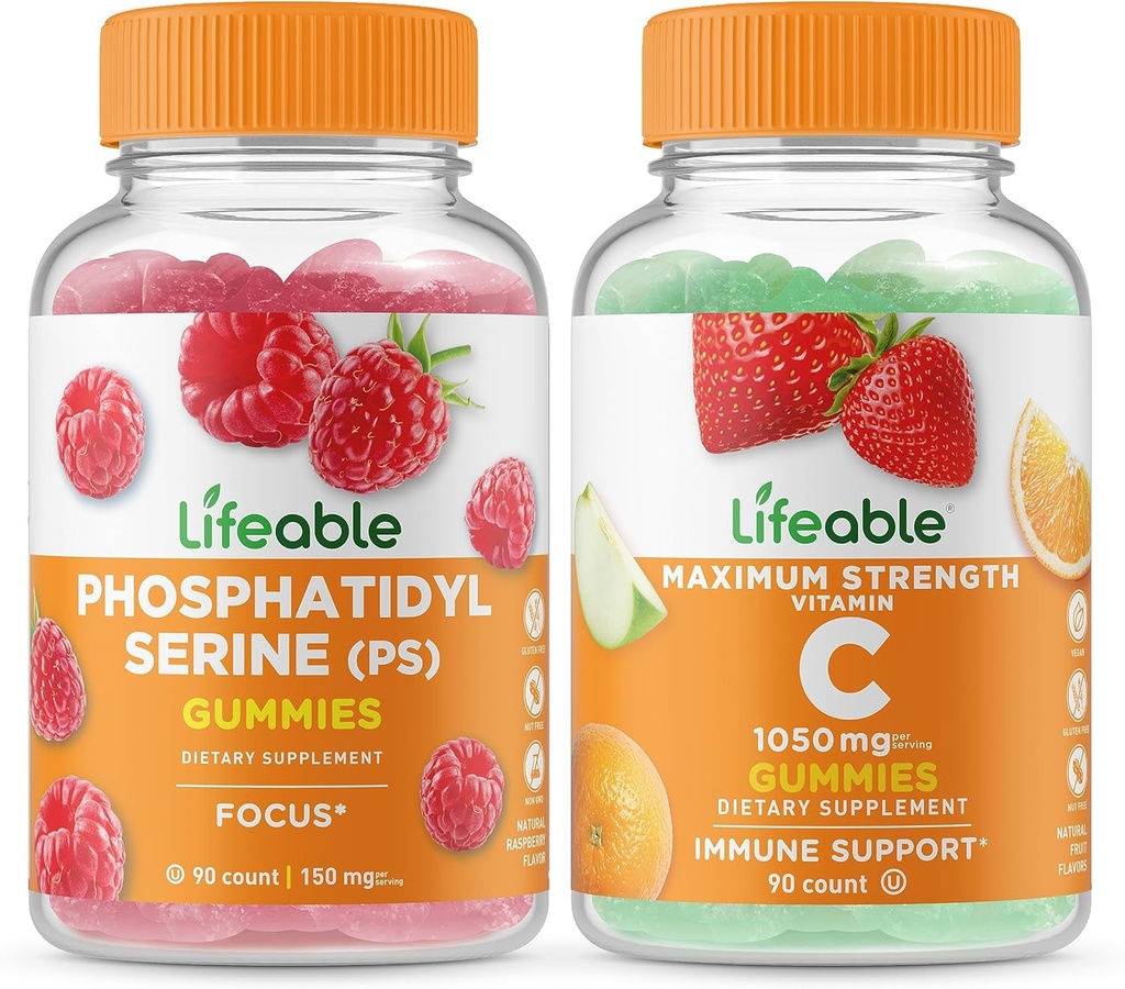 Levensbaar Fosfatidylserine (PS) + Vitamine C 1050mg, Gummies Bundle - Grote Proeverij, Vitamine Supplement, Glutenvrij, GGO-vrij, Kauwgom