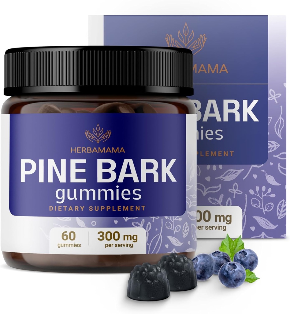HERBAMAMA Pine Bark Extract Gummies - 300mg Franse maritieme pijnboom voor antioxidant ondersteuning - Vegan, niet-GMO Pinus Pinaster supplement - 60 Pectin-based bosbessen-smaak Kauwen