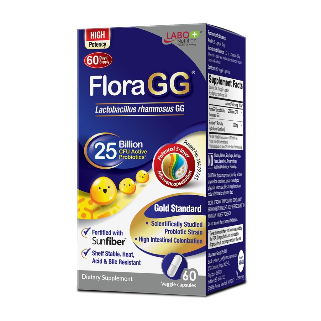 LABO Nutrition FloraG Lactobacillus Rhamnosus LGG 25 miljard CFU Dagelijks (LGG Probiotic with Sunfiber) 5-laags Microencapsulated L. Rhamnosus Supplement 