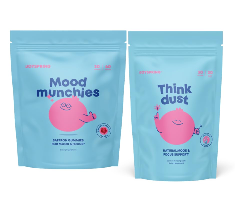 JoySpring Kids Calm & Focus Bundle | Mood Munchies Saffron Gummies + Think Dust Magnesium Saffron Stick Packs | Sugar Free, Vegan, Brain Support & Daily Routine Supplement for Kids Ages 4+