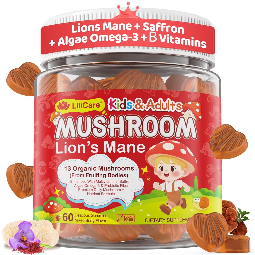 Kids, Teens & Adults Focus Gummies - Lions Mane Mushroom + Saffron + Algae Omega-3, 24-IN-1 Attention Supplement with Chaga, Magnesium, Methylated B12, B6 for Brain, Memory, Energy, Sugar Free, 60Cts