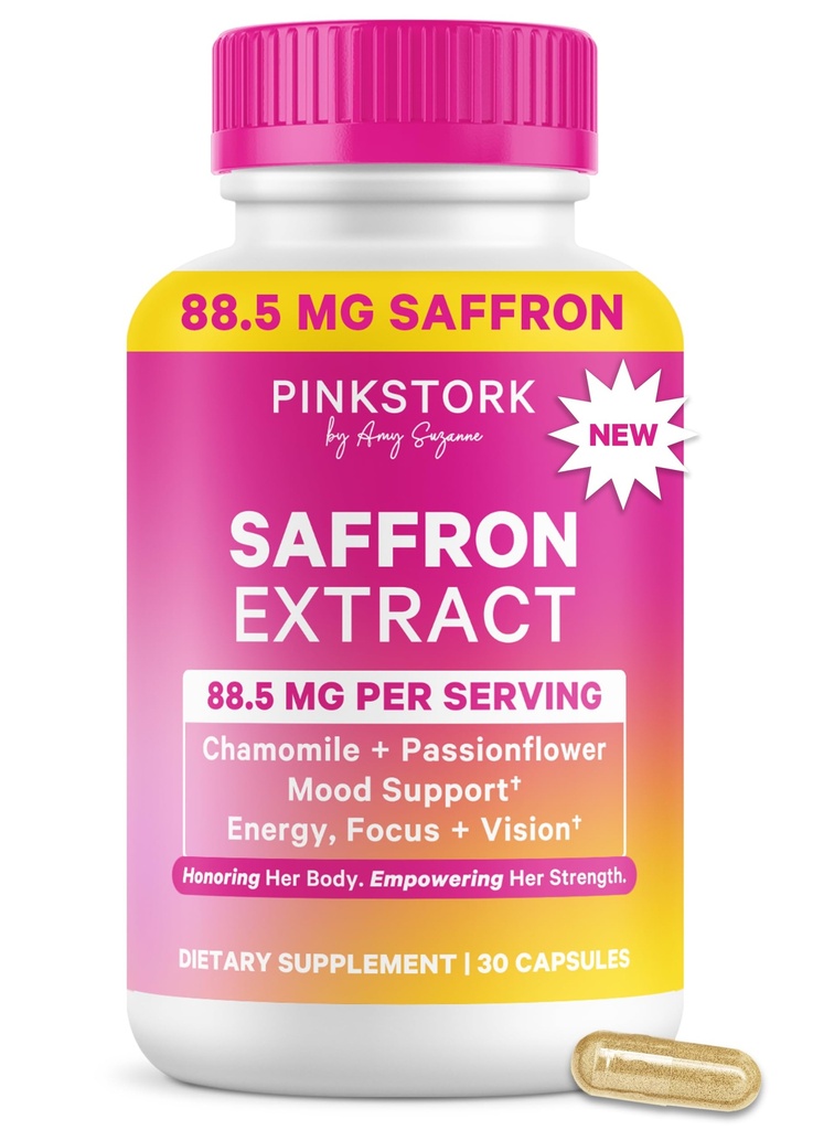 Pink Stork Saffron Extract for Mood Balance | 88.5mg Saffron with Chamomile & Passionflower | Stress, Calm + Cortisol Support for Women | Emotional Wellness + Hormonal Mood Balance | 30 Capsules