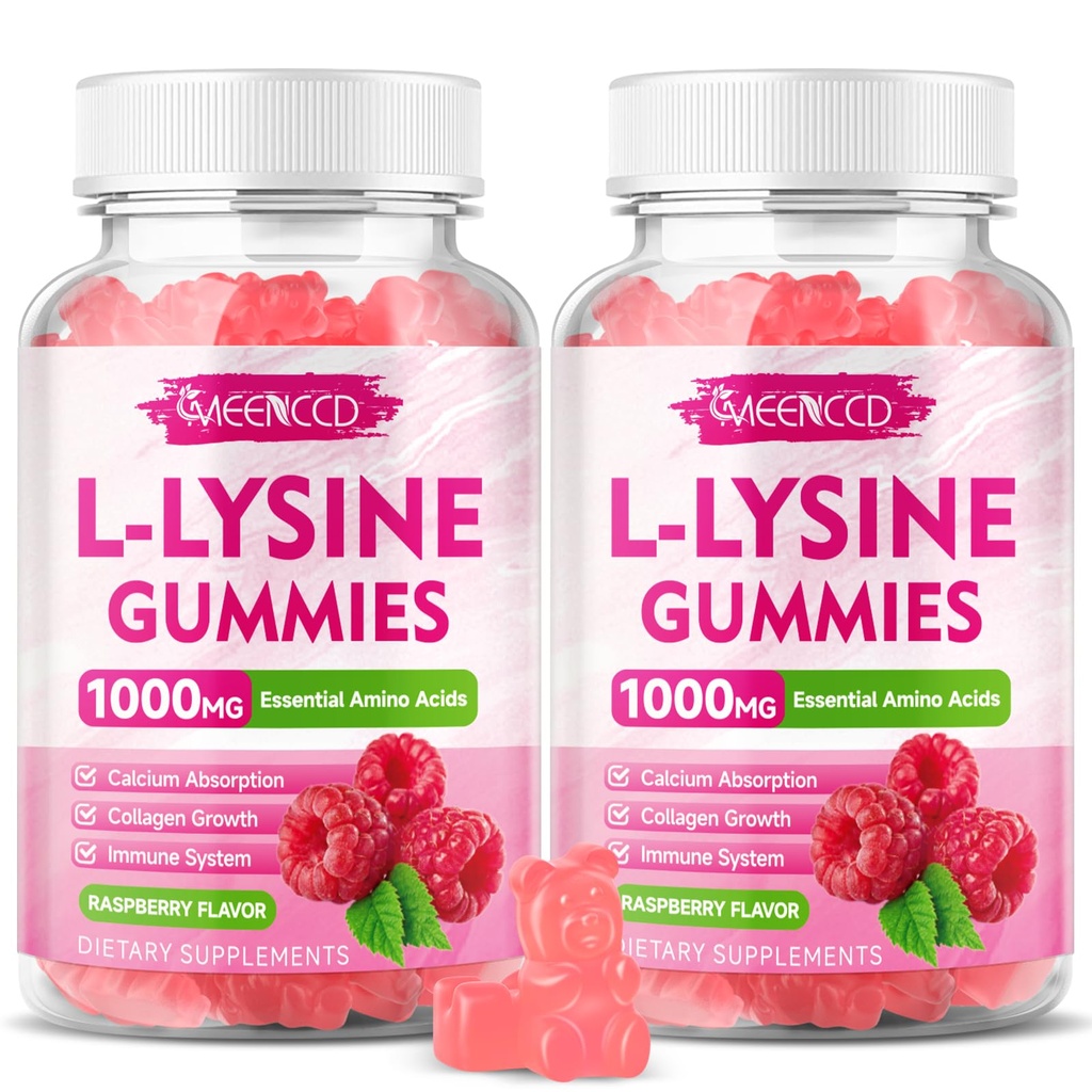 2 Pack L-Lysine 1000mg Gummies, Lysine Supplement voor volwassenen en kinderen, essentiële Aminozuur voor lippen & orale gezondheid, Boost Immune & Collageen & Calcium, Sugar-Free, Raspberry Flavor, 120 Tellen