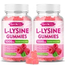 2 Pack L-Lysine 1000mg Gummies, Supplément Lysine pour Adultes et Enfants, Acide Amino Essentiel pour Lèvres et Santé Orale, Boost Immune & Collagène & Calcium, Sans Sucre, Arôme de framboise, 120 Compte