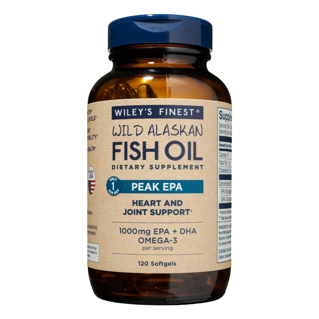 Wiley's Finest Wild Alaskan Fish Oil Peak EPA - Supplément Triple Strength Peak EPA & DHA - Huile de poisson de 1000mg - Oméga-3 pour le soutien sanitaire conjoint - 120 Softgels (120 portions)