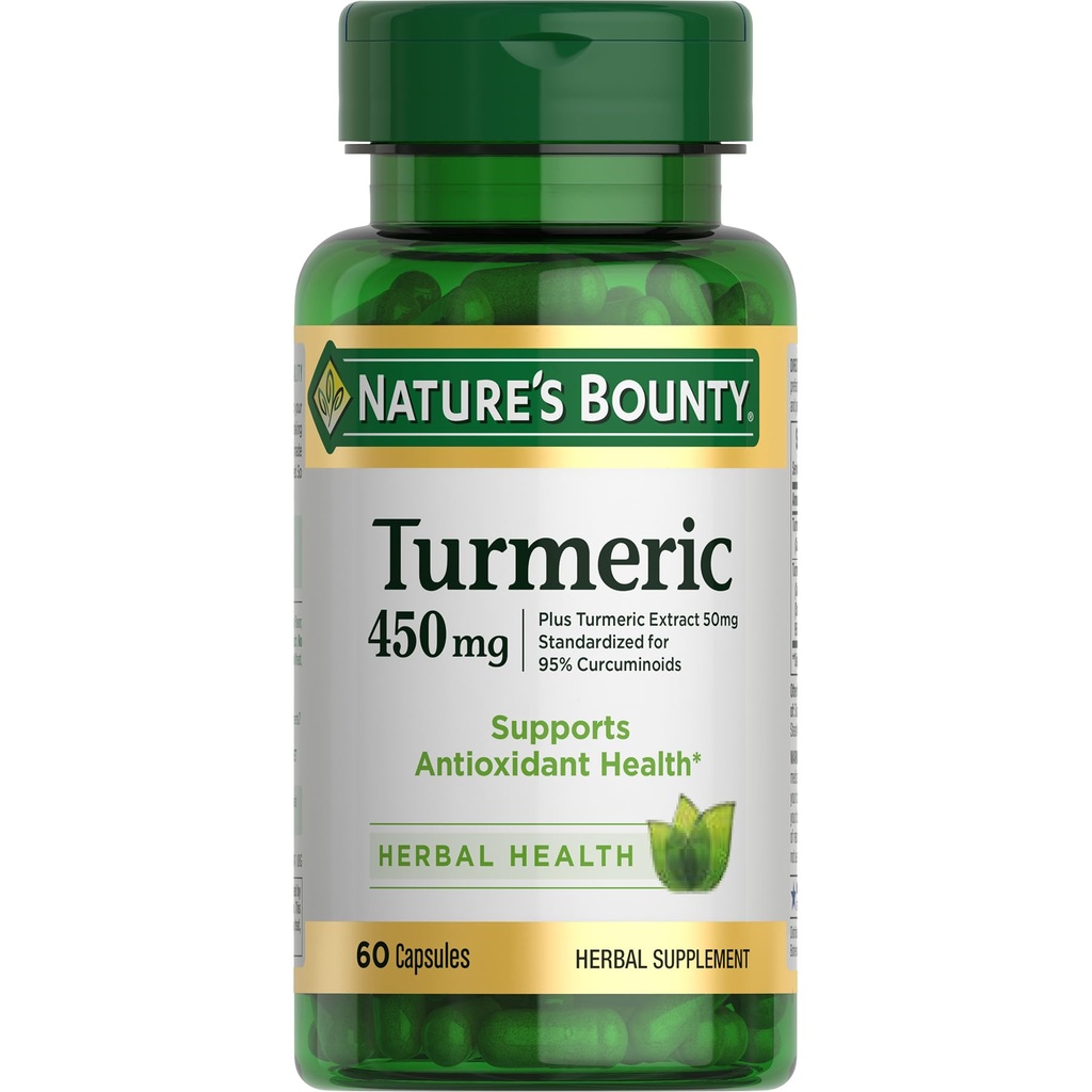 Capsules Turmères Bounty de la nature, supplément à base de plantes avec antioxydants à base de plantes, 450 Mg, 60 Ct