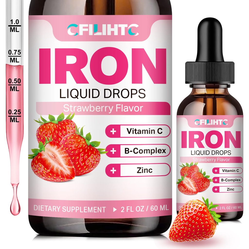 Liquid Iron Supplement for Women Men & Kids Multivitamine Iron Drops with Folate, Vitamine C, B6, B12, Zink for Anemia, Iron Deficency, Blood Builder, Energy - Natural Strawberry Flavor, Vegan 2 Fl Oz