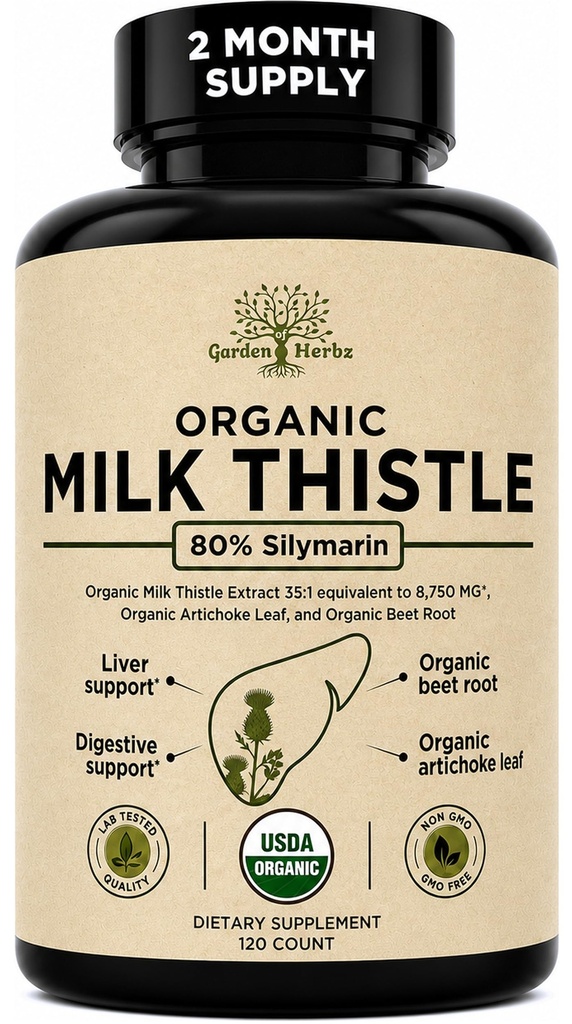 USDA Organic Milk Thistle Liver Detox Supplement 80% Silymarin, 250 mg met Beetwortel & Artichoke Extract voor leverondersteuning & spijsvertering, Made in USA, 120 Capsules (2 maand aanbod)
