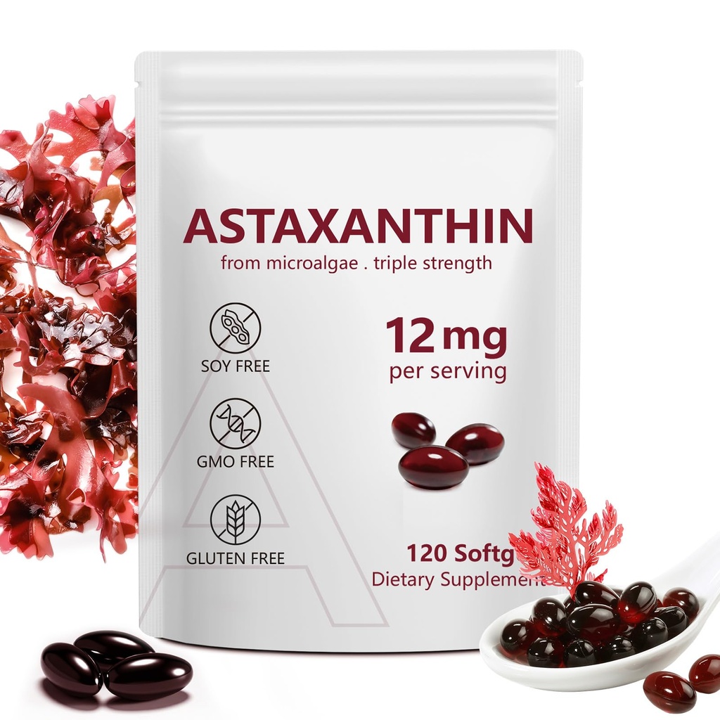 Astaxanthin Supplements 12mg 120 Softgels,Premium Astaxanthin Antioxidant Supplements,Triple Strength Skin Vitamins with Antioxidant Activity,Supports Eye, Joint, Brain, Heart & Immune System (1) (1)