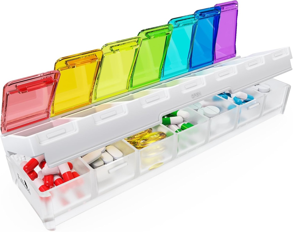 Fullicon Weekly Pill Organizer 7 Day Quick Fill & Spill Proof Designed Large Pill Box with Free labels Travel Medicine Organizer for Medicine, Vitamine, Fish Oil, Supplement (Rainbow Clear)