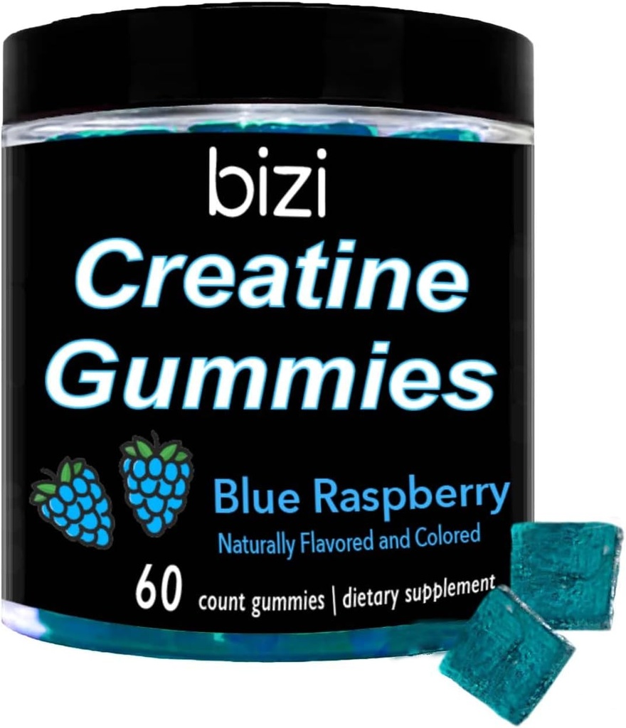 Bizi Creatine Gummys voor mannen en vrouwen - 1g Creatine Monohydraat per Gummy - Watermeloen smaak - workout, spiergroei, en Recovery Supplement- Vegan & Gluten Free (60 ct) (Blue Raspberry)