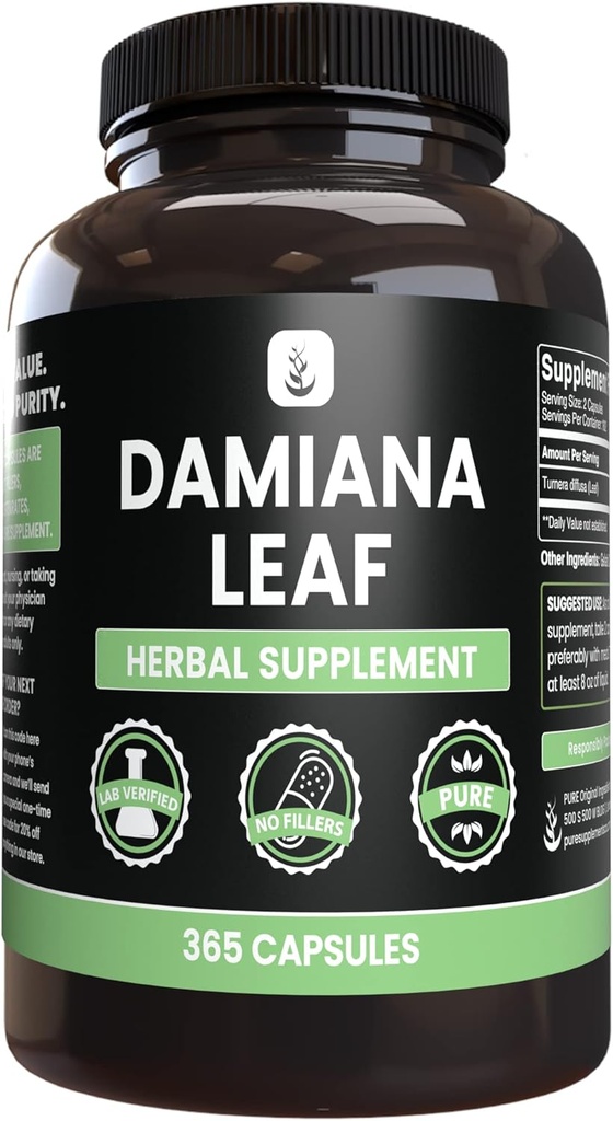 PURE ORIGINAL INGRÉDIENTS Damiana Leaf (365 Capsules) Pas de magnésie ou de farine de riz, toujours pur