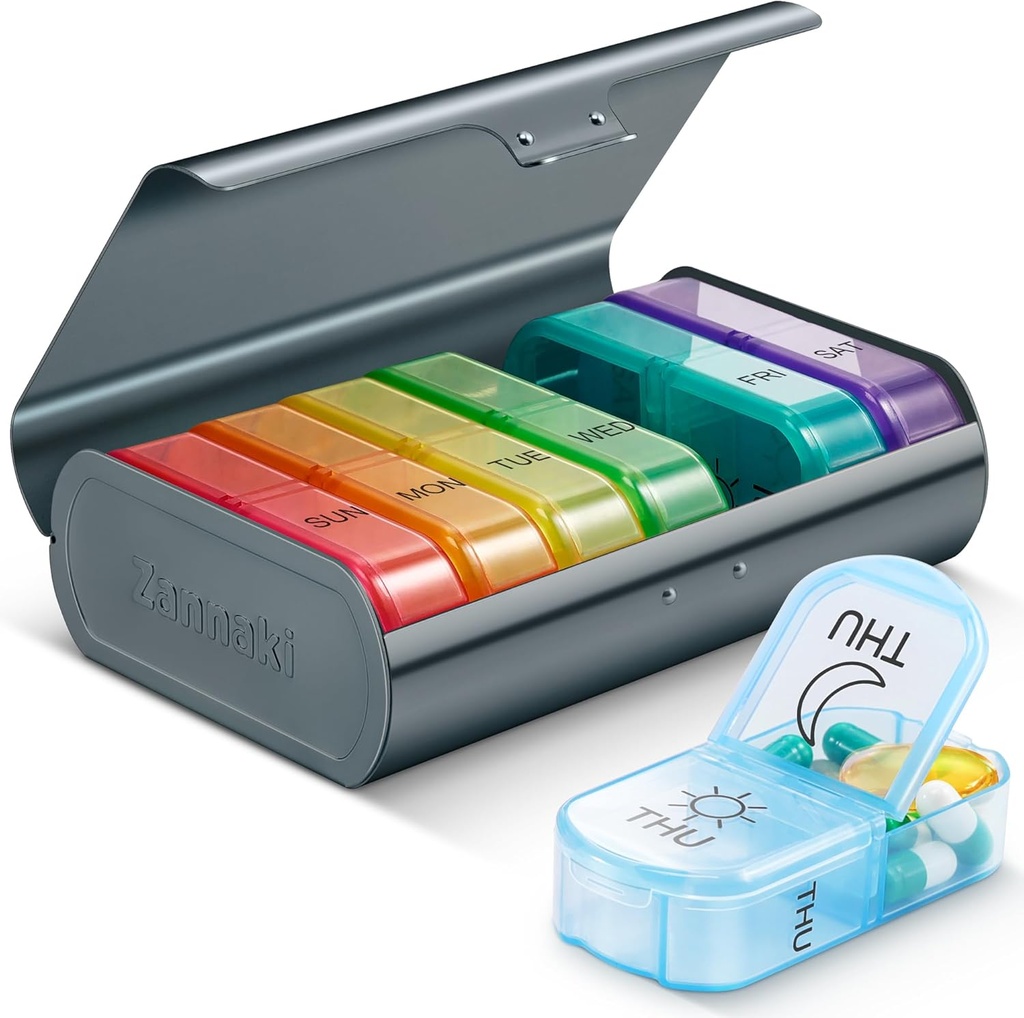 Zannaki Metal XL Weekly pil Organizer 2 keer per dag, grote reizen dagelijkse pil doos 7 dag, draagbare week twee keer pil houder Container, AM PM pil geval voor medicijnen vitamine medicatie supplement, grijs