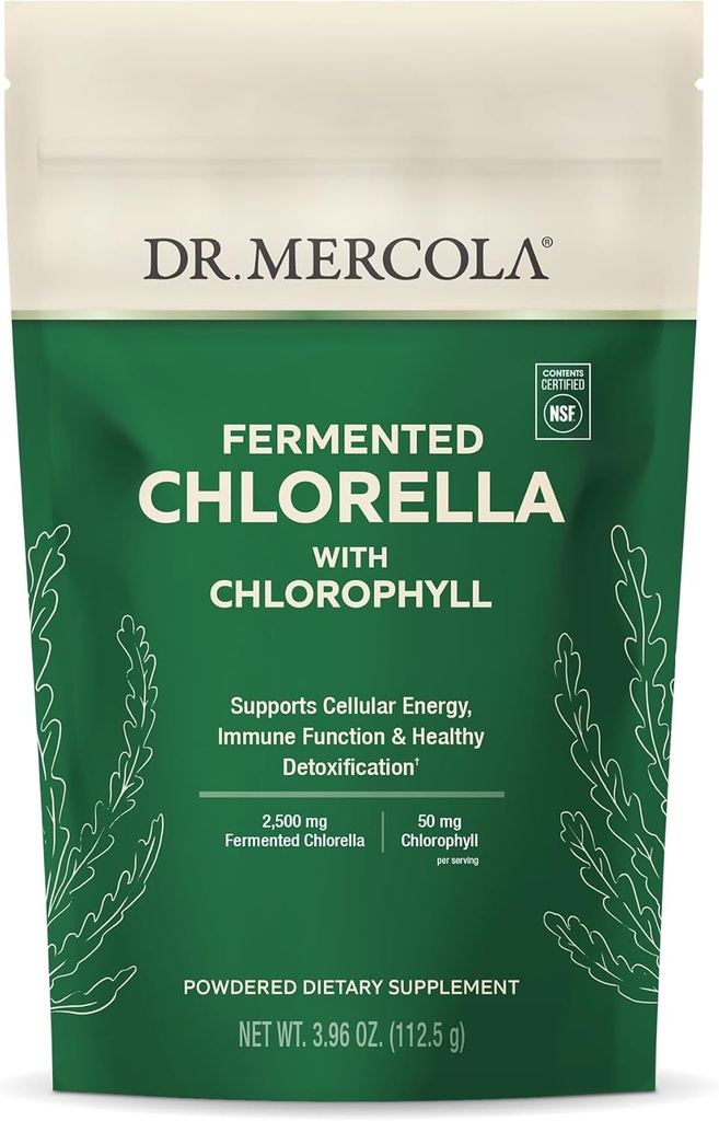 Dr. Mercola Gefermenteerde Chlorella met Chlorofyl Poeder, 3,96 Oz. (112,5 g), 45 Servings, Ondersteunt Cellulaire Energie en Immuun Functie, Niet GMO, NSF Inhoud Gecertificeerd