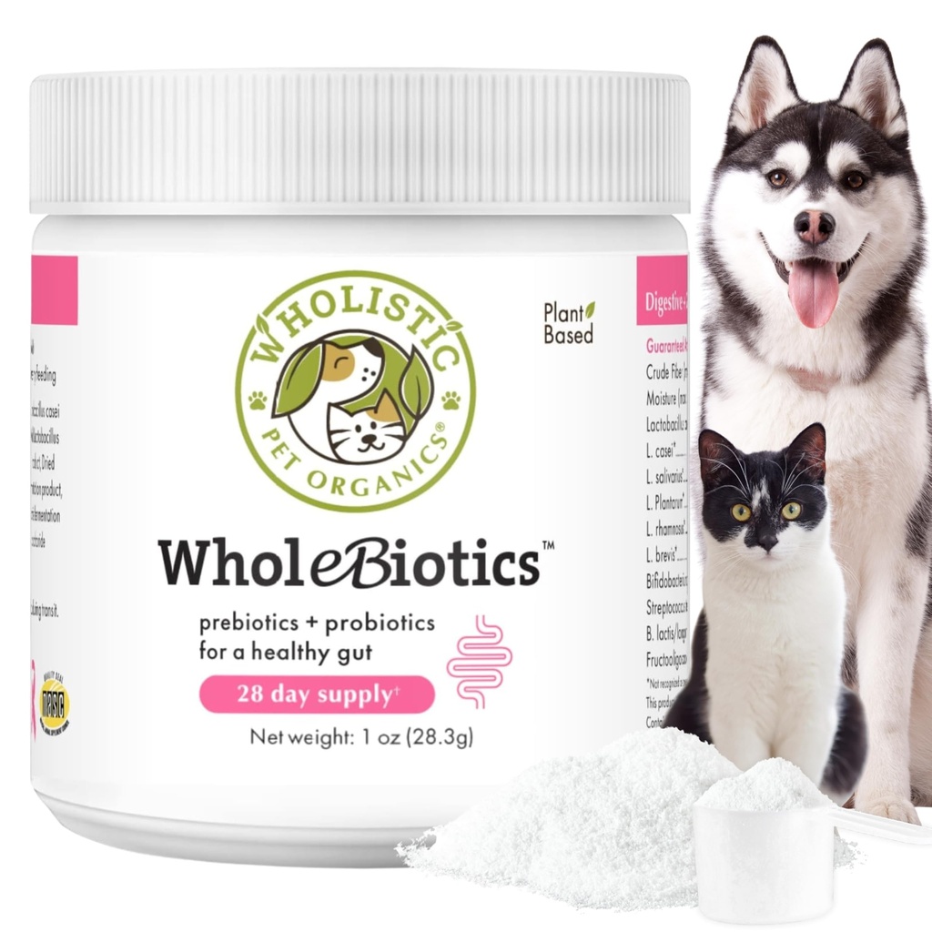 Wholistic Pet Organics WholeBiotics - Daily Dog Probiotics for Digestive Health Support & Immune Boost - 9 Strains - Prebiotica & Probiotics for Dogs & Cats - Gut Health for Dogs - 1 Oz - 28 Scops