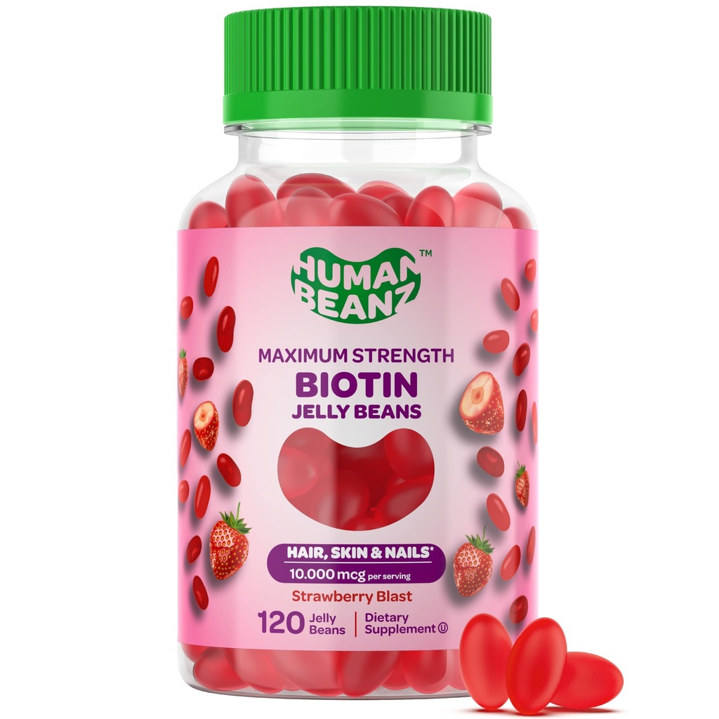 Biotine Jelly Bean Gummy Vitamines, Max Strength Biotin pour les cheveux, la peau et les ongles, 10 000mcg par service, Vitamines de croissance des cheveux pour les hommes et les femmes, 120 Strawberry Blast Jelly Beans, Kosher