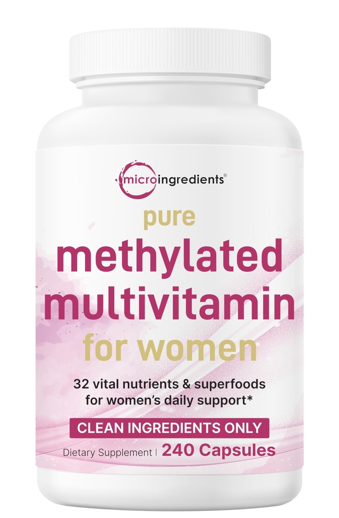 Micro Ingredients Pure Methylated Multivitamin for Women, 240 Capsules | 32-in-1 Formula with Vitamin B, C, D + Iron, Methylfolate & More | Supports Women 's Daily Wellness | Filler Free, Non-GMO