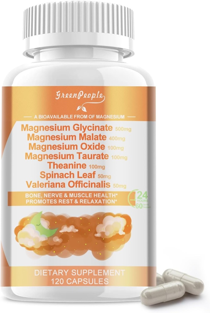 Magnesium Glycinate 500 mg per portie, met Malaat, Tauraat & Oxide, Magnesium Supplement voor Spier, Bot, Slaap en Digestie Ondersteuning, 120 Vegan Capsules, Non-GMO