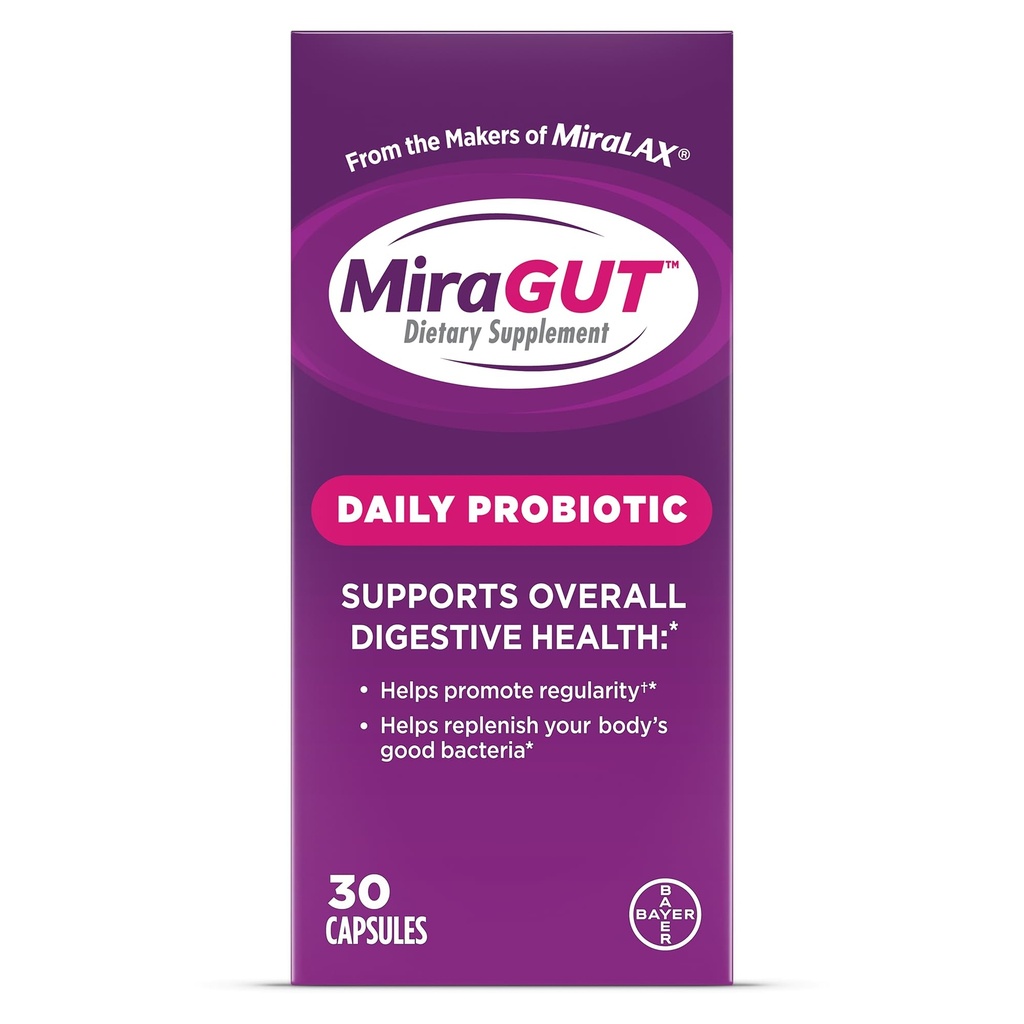 MiraGUT Daily Probiotic, from the Makers of MiraLAX, Probiotics for Digestive Health, Gluten-Free Supplement, Probiotic for Women and Men, Support Overall Digestive Health, 30 Ct