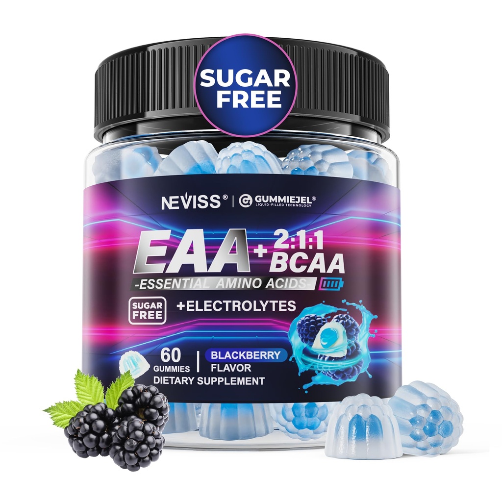 Suppléments EAA Gummies, tous les 9 acides aminés essentiels Supplément, BCAA Amino Acides Gummies pour les hommes Femmes│Aminos à la chaîne et gommes d'hydratation électrolytes │Gluten Free, Raspberry Flavor, Vegan, 60ct