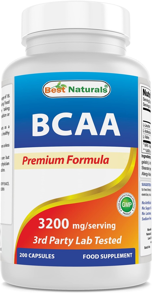 Best Naturals BCAA Branch ketting Aminozuur, 3200mg per Serving, 200 Capsules - Pharmaceutical Grade - 100% Pure Instantized Formula 