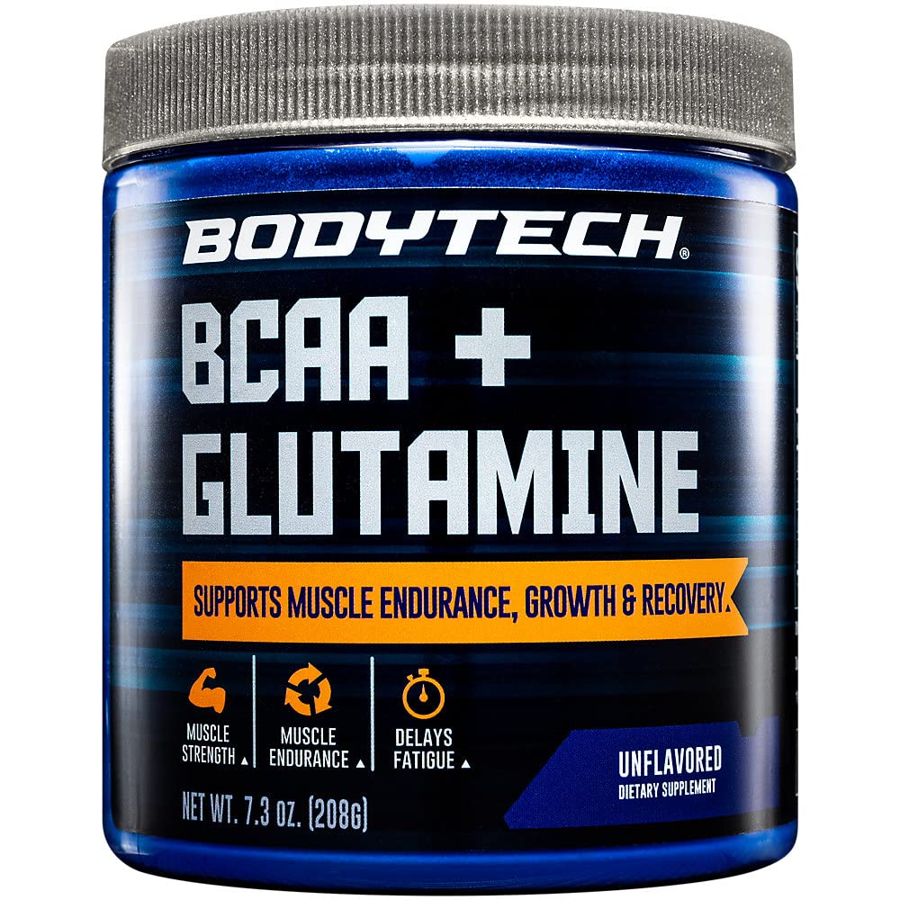 BodyTech BCAA + Glutaminepoeder met vitamine C, L Glutamine & More, essentiële pre-workout of postworkout Aminozuren voor mannen en vrouwen, ongearomatiseerd, 7.3 Oz, 30 porties