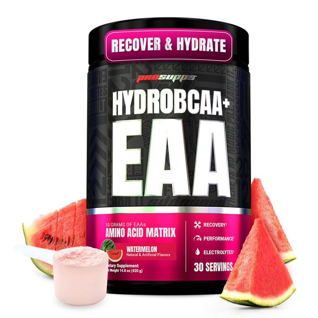 ProSupps HydroBCAA Acides aminés essentiels Poudre, pastèque - Supplément entraînement avec BCAA, AAE et électrolytes pour l'hydratation et la récupération - Sans stimulant, sans soja et sans gluten - 30 portions