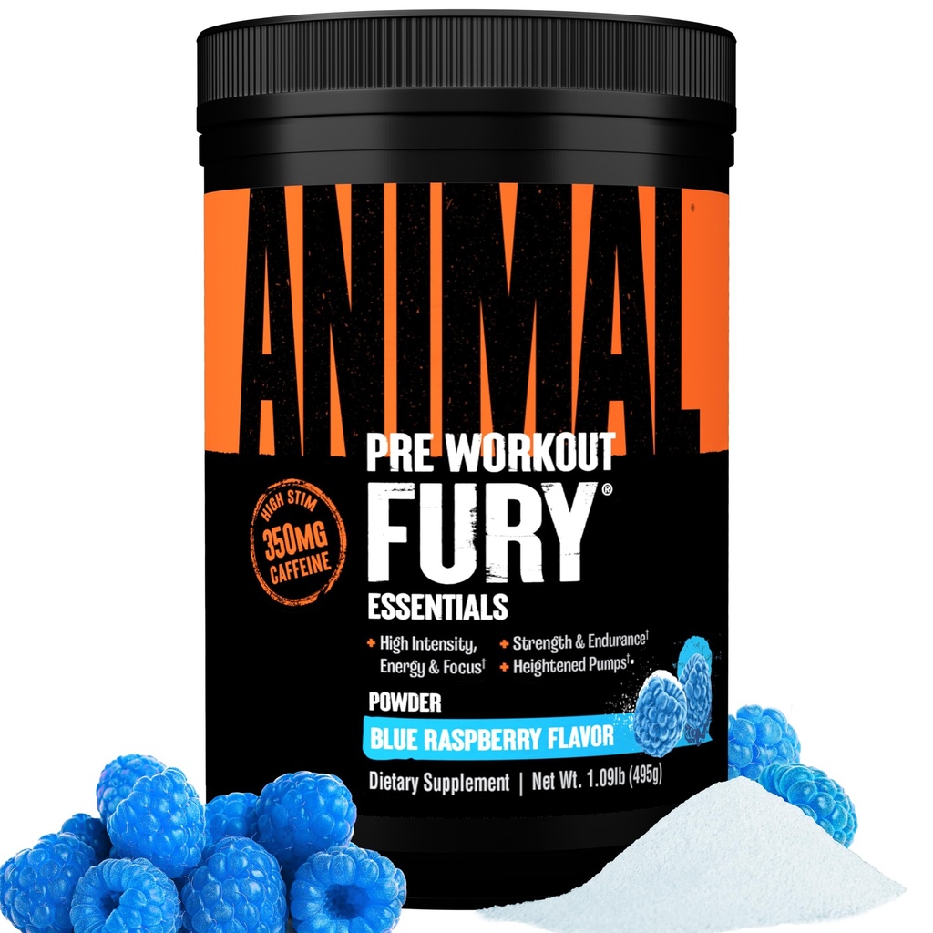 Animal Fury - Pre Workout Powder Supplement voor energie en focus - 5g BCAA, 350mg Cafeïne Nitric Oxid Without Creatine - Krachtige Stimulant voor bodybuilders - Blue Raspberry