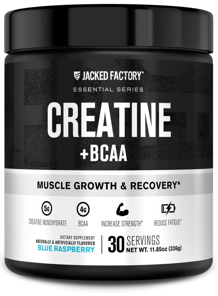Creatine d'usine Jacked + BCAAs - Monohydrate de créatine + BCAA poudre pour augmenter la récupération après l'entraînement, la performance, la croissance musculaire maigre, et la fatigue réduite - 30 portions, framboise bleue
