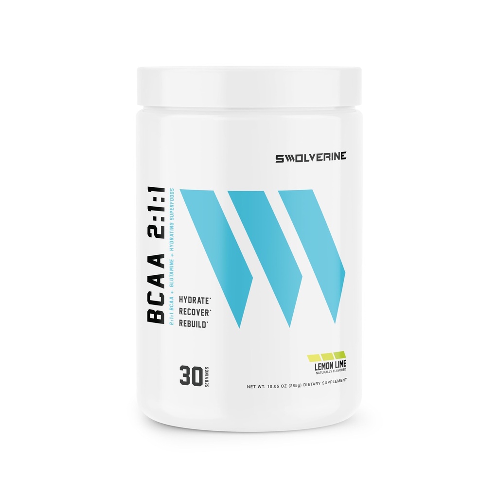 Swolverine BCAA poudre 2:1:1 avec L-Glutamine & Electrolytes - Supplément Amino sans stimulant pour la récupération musculaire, l'hydratation et le support d'endurance, 30 portions, citron Lime