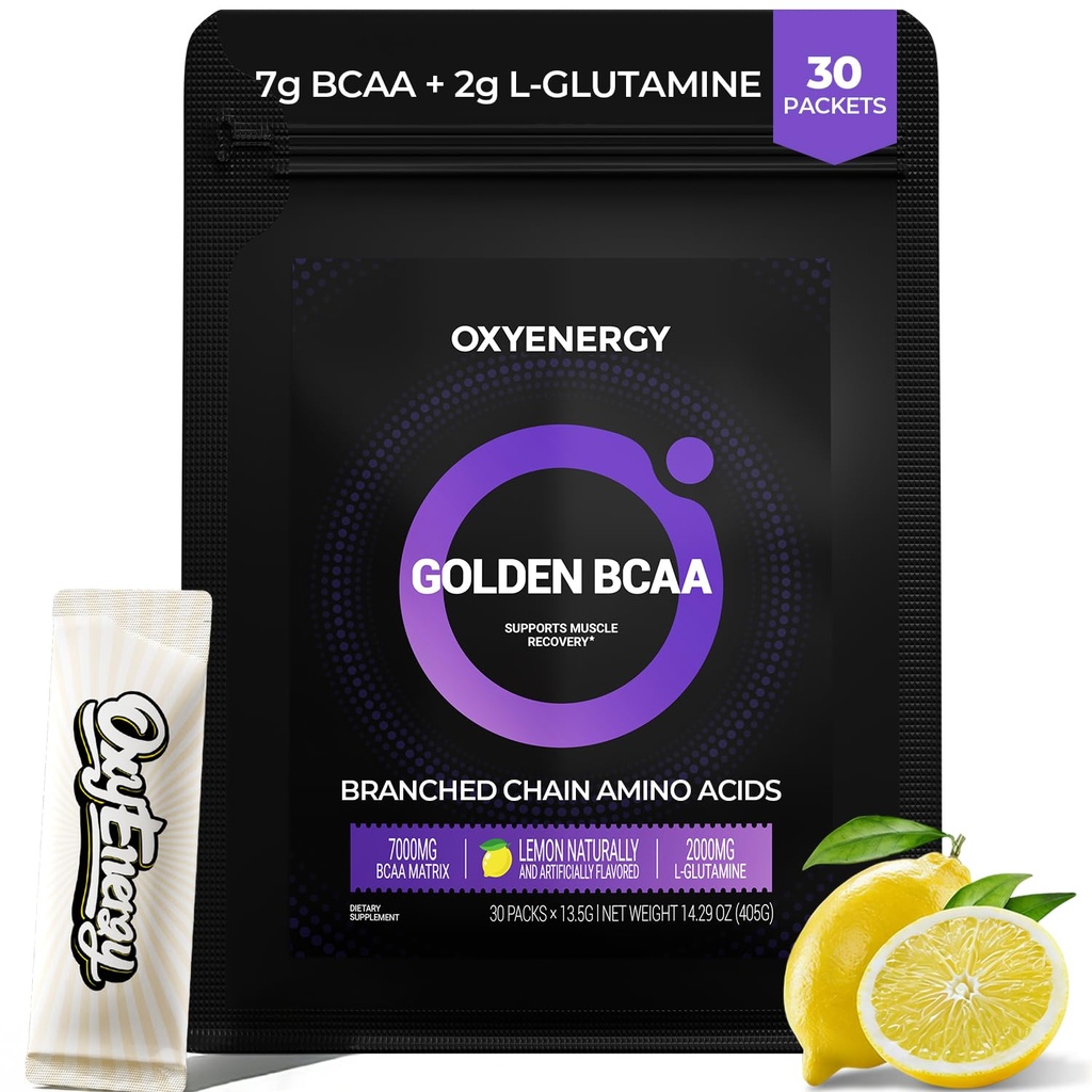 OxyEnergy BCAA 2:1:1 Poeder, 7g BCAA's en 2g L-Glutamine, Taurine voor spierherstel, Verhoogde Endurance, Perfecte Amino Aicds voor Pre & Post Workout Herstel, Suikervrij, Lemon, 30 Stick Pack