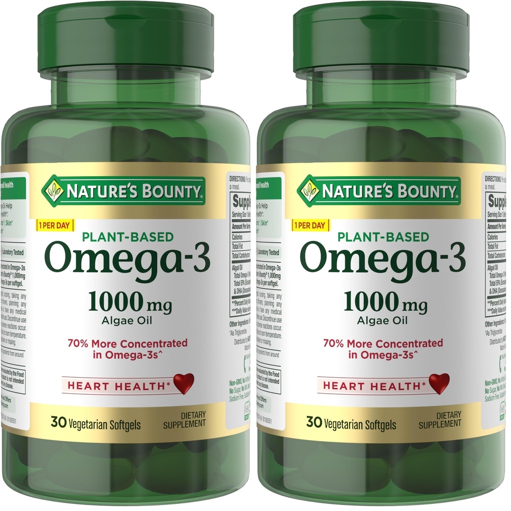 Nature's Bounty Omega 3, Plant-Based Omega 3 Fatty Acid Supplement, 520mg, ondersteunt de gezondheid van het hele lichaam inclusief hart, huid, Joint, 30 Vegetarische Softgels, Visolie Alternatief (pakket van 2)