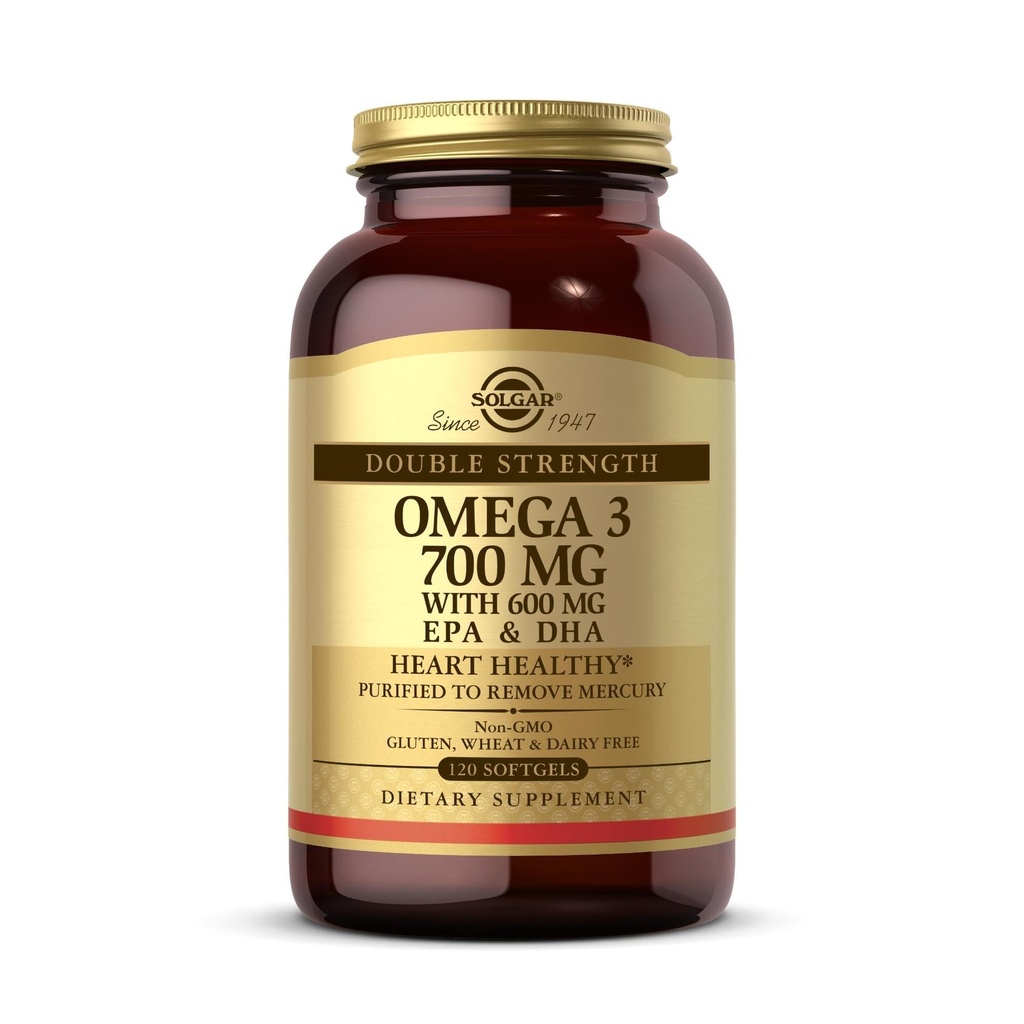 Solgar Double Strength Omega-3 700 mg, 120 Softgels - Fish Oil Supplement - Ondersteuning voor cardiovasculaire, gewrichts- en Cellulaire gezondheid - Bevat EPA & DHA Omega 3 vetzuren - Glutenvrij - 120 porties