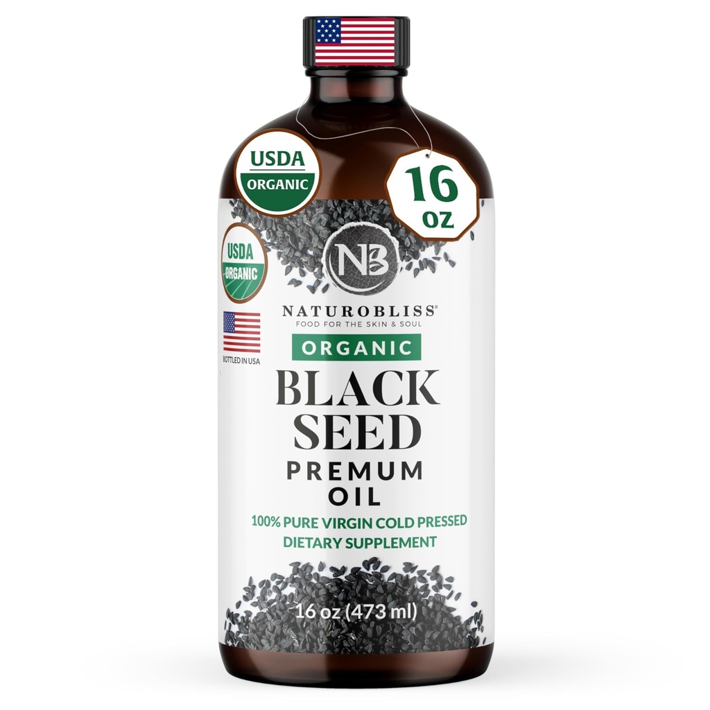 NaturoBliss Biologische Zwarte Zaadolie 100 Maagd Koud Geperst in glazen Fles Omega 3 6 9 Super Antioxidant Immuun Ondersteuning Gewricht Mobiliteit Vertering Haarhuid Vegan Glutenvrije NonGMO USDA Gecertificeerd 16oz