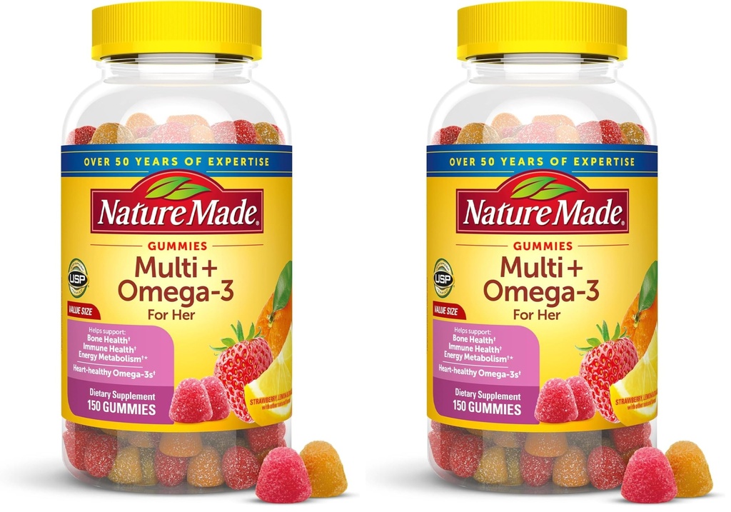 Nature Made Womens Gummy Multivitamins with Omega-3, Multivitamin for Women for Daily Nutritional Support, 150 Gummies, 75 Day Supply, (Pack of 2)