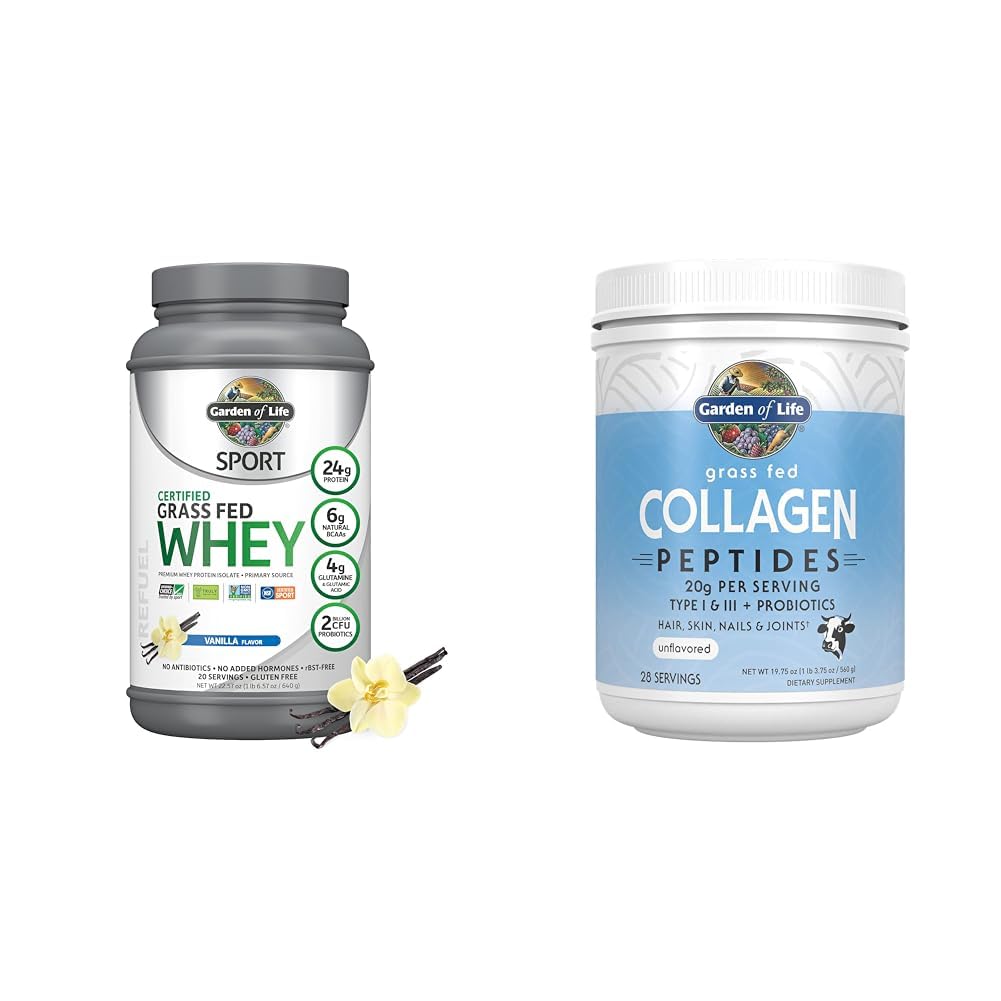 Garden of Life Sport Whey Protein Powder Vanilla., Premium Grass Fed Whey Protein Isolate Plus Probiotics for Immune System Health & Collagen Peptides Grass Fed, 19.75 Ounce