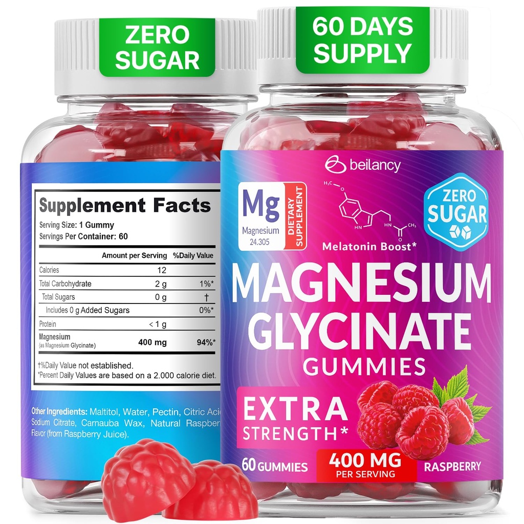 Magnesium Glycinate Gummies 400mg, Muscle Support and Relaxation, Magnesium Supplement for Women, Men and Kids, High Absorption, Sugar Free, Vegan, 60 Days Supply, Raspberry Flavor