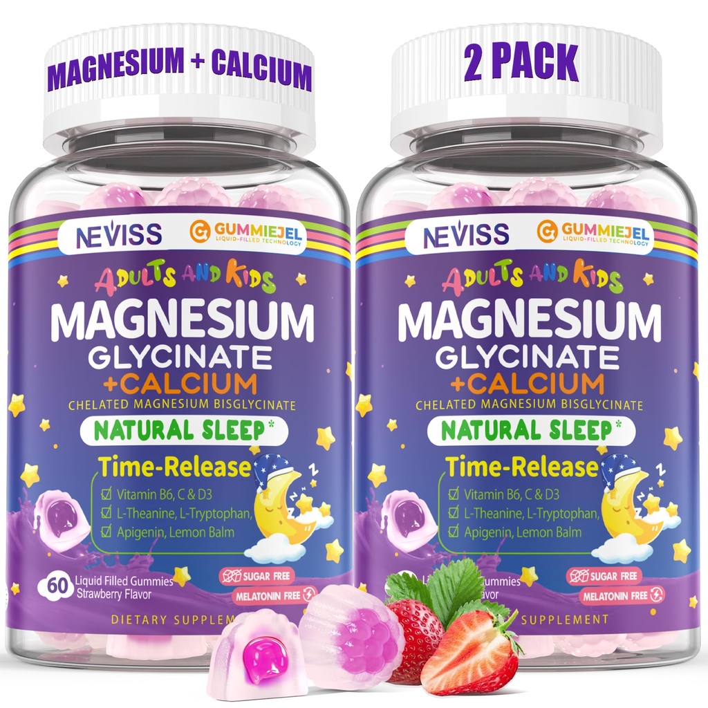 Neviss Magnesium Glycinate + Calcium Filled Gummies for Adults and Kids 4+, Kids Sleep Gummies Melatonin Free, No Sugar Magnesium Supplement w/B6 D3, L-Theanine for Zzz Relax, Brain,Bone,Muscle 2Pack