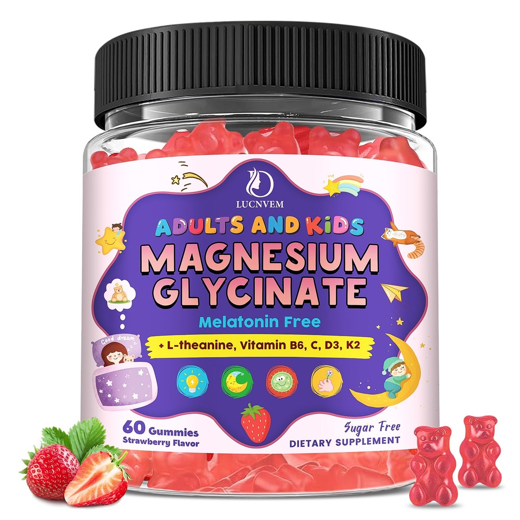 Magnesium Glycinate Gummies for Kids 4+ & Adults- Magnesium Glycinate 150/300 mg for Natural Sleep, Relaxation & Calm Support, Melatonin Free, Sugar Free Strawberry Flavor, 60 Ct