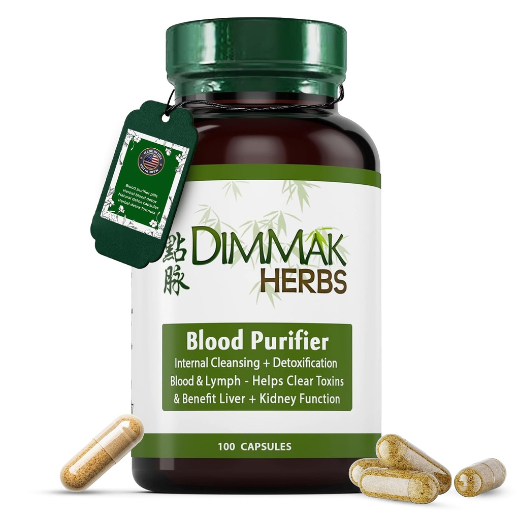 Dimmak Kruiden Certified Organic Blood Purifier for Internal Cleansing & Detoxification + Voordelen Lever- en Nierfunctie Lab Tested Herbal Supplement 100 Capsules