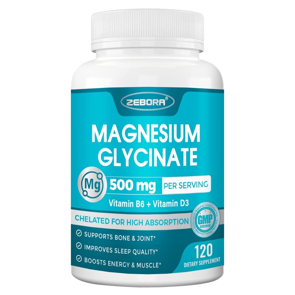 ZEBORA Magnesium Glycinate 500mg, High Absorption Magnesium Supplement with Vitamins B6 & D3, Chelated Magnesium Glycinate Capsules for Muscle, Heart, Calm & Immune Health, Non-Buffered, 120 Capsules